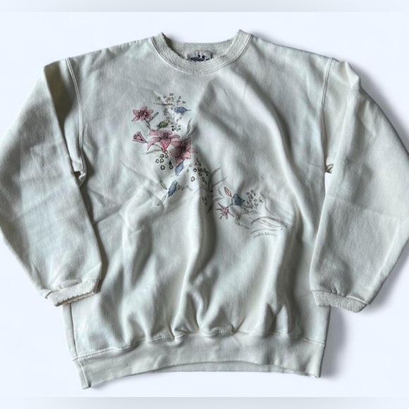 90s Northern Reflections Floral Lily Nature Bird Print Cream Knit Trim Sweater - Picture 5 of 8